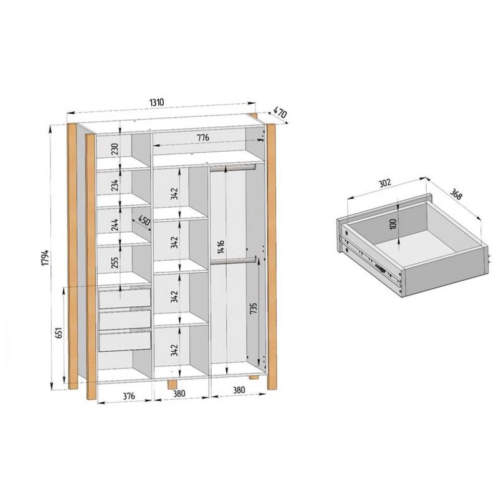 Veres Monaco 1310 - дитяча шафа для речей, тридверна (131x47x179.5 см) • White Grey
