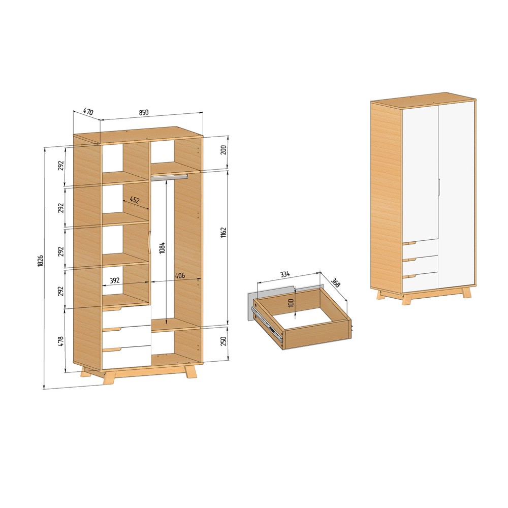 Veres Manhattan 850 - szafa dziecięca z szufladami, dwudrzwiowa (85x47x182.5 cm) • White Natural