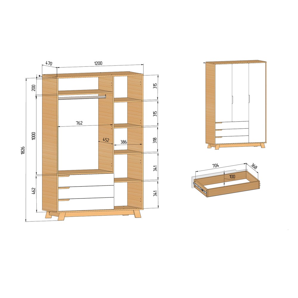 Veres Manhattan 1200 - szafa dziecięca z szufladami  (120x47x182.5 cm) • White Grey