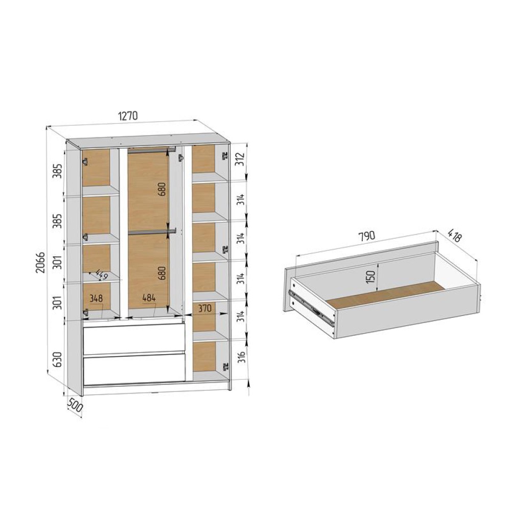 Veres Bern 1270 - дитяча шафа з ящиками, тридверна • White Graphite 