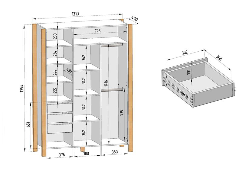 дитяча шафа для речей, тридверна Veres Monaco 1310 вага та розміри