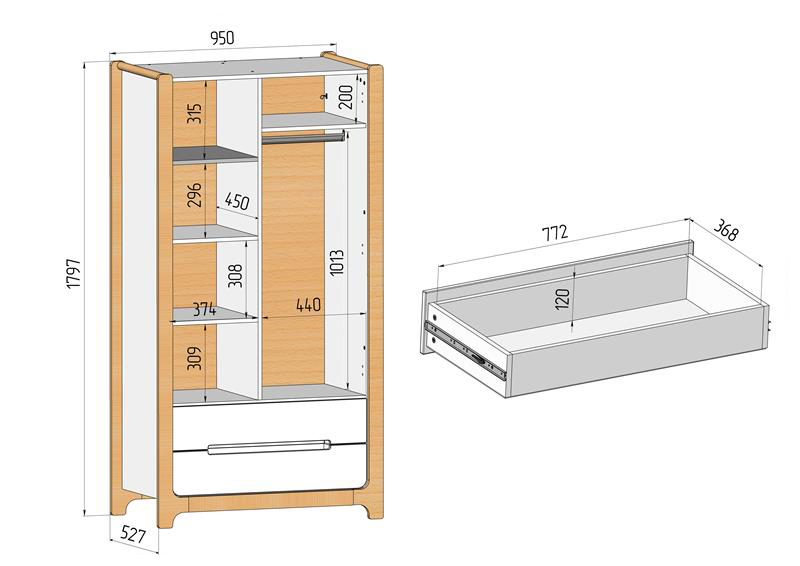вага та розміри Veres Nice 950 дводверна дитяча шафа з шухлядами